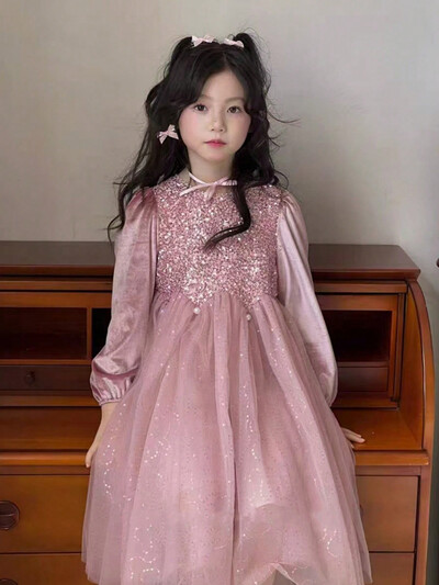 Lányos parti ruhák Bársonyos gyöngy flitteres ruha Elegáns hercegnős esküvői ruha Gyermekruházat Gyerek születésnapi parti ruhák 4-8Y