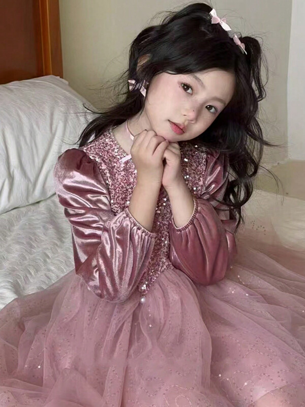 Lányos parti ruhák Bársonyos gyöngy flitteres ruha Elegáns hercegnős esküvői ruha Gyermekruházat Gyerek születésnapi parti ruhák 4-8Y