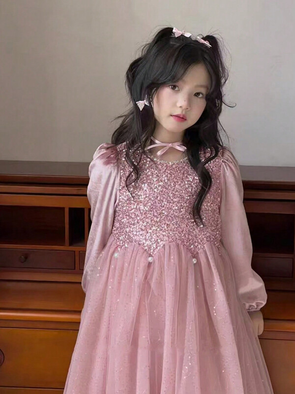 Lányos parti ruhák Bársonyos gyöngy flitteres ruha Elegáns hercegnős esküvői ruha Gyermekruházat Gyerek születésnapi parti ruhák 4-8Y
