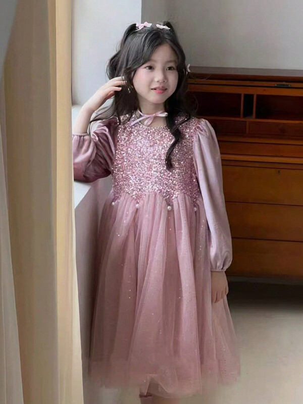 Lányos parti ruhák Bársonyos gyöngy flitteres ruha Elegáns hercegnős esküvői ruha Gyermekruházat Gyerek születésnapi parti ruhák 4-8Y
