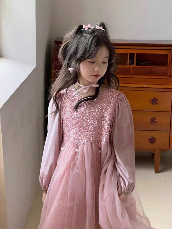 Lányos parti ruhák Bársonyos gyöngy flitteres ruha Elegáns hercegnős esküvői ruha Gyermekruházat Gyerek születésnapi parti ruhák 4-8Y