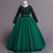 Παγιέτες Λουλούδι Παιδικό Νυφικό Μακρύ Φόρεμα Κομψό Κοριτσάκι Βρεφικό πάρτι γενεθλίων γιορτινό κέντημα δαντέλα μακρυμάνικο φόρεμα