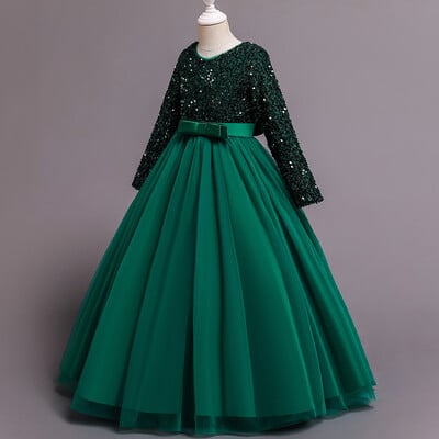 Παγιέτες Λουλούδι Παιδικό Νυφικό Μακρύ Φόρεμα Κομψό Κοριτσάκι Βρεφικό πάρτι γενεθλίων γιορτινό κέντημα δαντέλα μακρυμάνικο φόρεμα