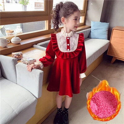 Καυτό κόκκινο χριστουγεννιάτικο φόρεμα για κορίτσια Performance πάρτι Ρούχα γενεθλίων Χειμερινό φθινόπωρο Παιδικό βελούδινο φόρεμα για κορίτσια Ζεστά ρούχα