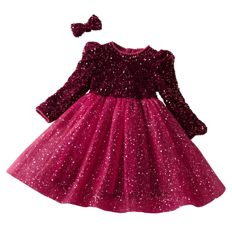 Meiteņu rudens un ziemas princešu kleitas ar apaļu kaklu vienkrāsains, ar fliteriem, garām piedurknēm ballītei, mirdzoša, pūkaina marles kleita