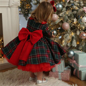 Blotona Little Girls karácsonyi kockás ruha, hosszú ujjú, kerek nyakú csipke patchwork fodros ruha nagy masni díszítéssel, 1-7 év