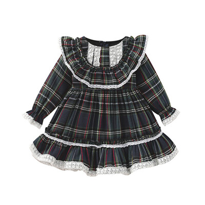 Blotona Little Girls karácsonyi kockás ruha, hosszú ujjú, kerek nyakú csipke patchwork fodros ruha nagy masni díszítéssel, 1-7 év