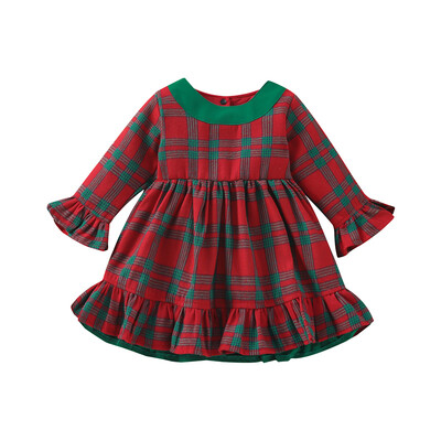 Blotona Little Girls karácsonyi kockás ruha, hosszú ujjú, kerek nyakú csipke patchwork fodros ruha nagy masni díszítéssel, 1-7 év