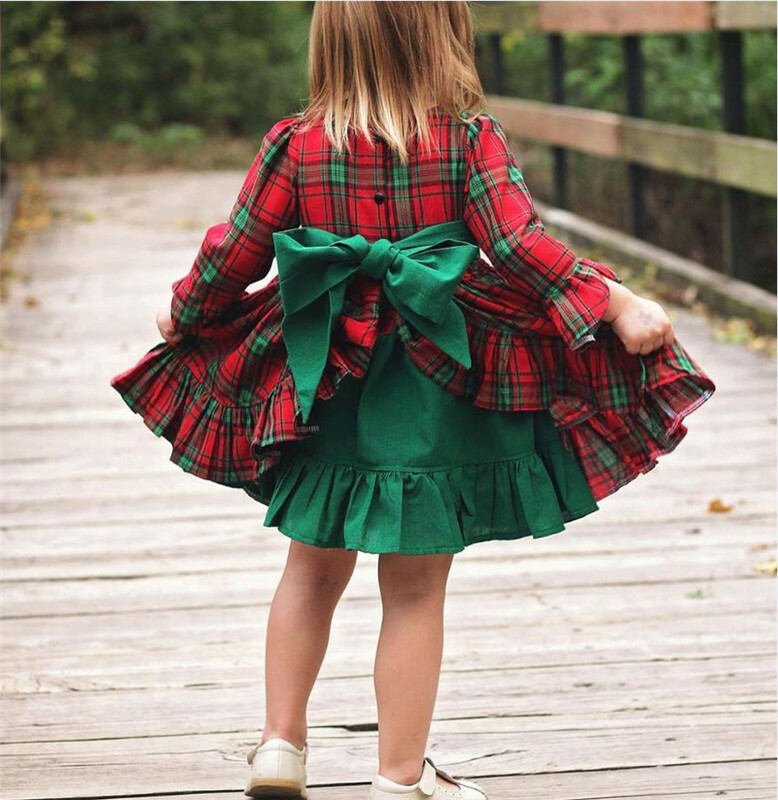 Blotona Little Girls karácsonyi kockás ruha, hosszú ujjú, kerek nyakú csipke patchwork fodros ruha nagy masni díszítéssel, 1-7 év