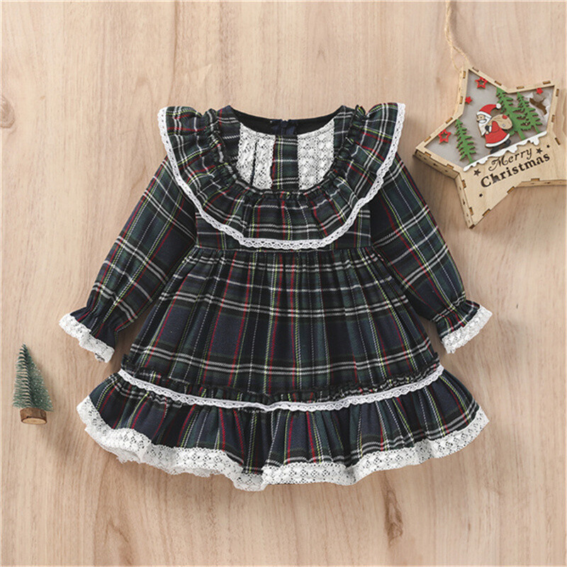 Blotona Little Girls karácsonyi kockás ruha, hosszú ujjú, kerek nyakú csipke patchwork fodros ruha nagy masni díszítéssel, 1-7 év