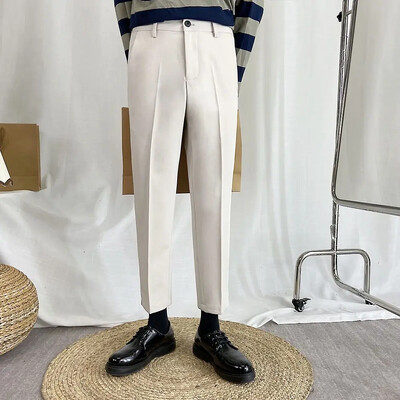 Poliészter elasztikus férfi nyári nadrág sztreccs fehér férfi öltöny nadrág spandex olcsó klasszikus luxus koreai stílusú ruhatervező