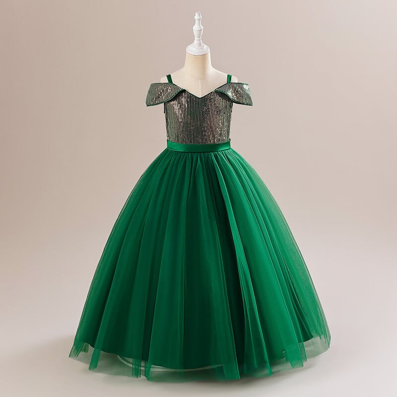 Lenyűgöző kis lányok vállból, V nyakú flitteres esküvői virágos lány születésnapi partija, ünnepélyes hercegnői ruha