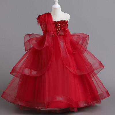 Fényes kisgyermek kis nagy lányok fél váll flitteres, hosszú hivatalos estélyi ruha születésnapi parti díszruha