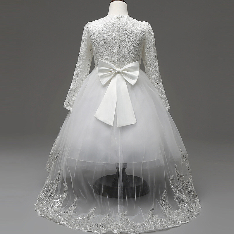 Meiteņu princeses puķu kāzu ballīšu kleitas līgavas māsa bērni loka gara aste meitene vakara kleita balta kleita bērniem modes mežģīņu kostīms