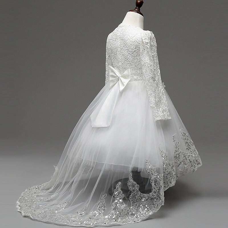 Meiteņu princeses puķu kāzu ballīšu kleitas līgavas māsa bērni loka gara aste meitene vakara kleita balta kleita bērniem modes mežģīņu kostīms