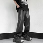 Unisex odos imitacijos kelnės Vyriškos dirbtinės odos kelnės su raišteliu plačiu elastiniu juosmeniu, skirtos Streetwear stiliaus, kvėpuojančios