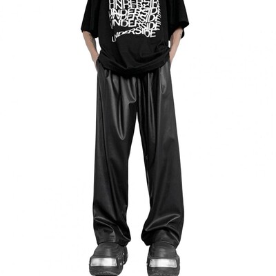 Unisex odos imitacijos kelnės Vyriškos dirbtinės odos kelnės su raišteliu plačiu elastiniu juosmeniu, skirtos Streetwear stiliaus, kvėpuojančios