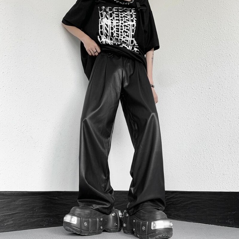 Uniszex műbőr nadrág Férfi műbőr húzózsinóros nadrág széles szárú, elasztikus derékkal, utcai viselethez Lélegző