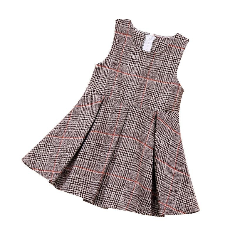 Vaikų mergaičių vilnonė suknelė be rankovių, 2024 m. Nauji atvykę vaikų rudens žiemos suknelės Kavos rožinė languota laisvalaikio suknelė