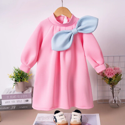 Mažai mergaitei Nauja mergaitiška suknelė miela, didelė lanko vienspalvė suknelė ilgomis rankovėmis Madingo dizaino jausminga dėvėjimas kasdien ir vakarėliuose