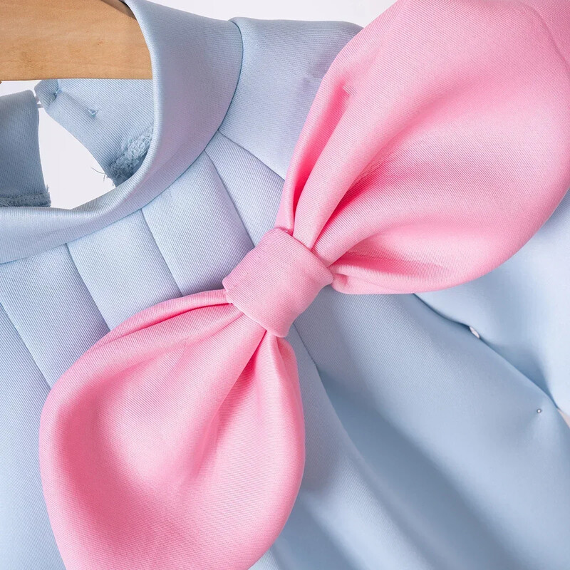 Mažai mergaitei Nauja mergaitiška suknelė miela, didelė lanko vienspalvė suknelė ilgomis rankovėmis Madingo dizaino jausminga dėvėjimas kasdien ir vakarėliuose