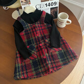 Vintage piros kockás karácsonyi parti lányok pántos ruha 2024 ősz új gyermek vastagított tweed ujjatlan zsebes ruhák