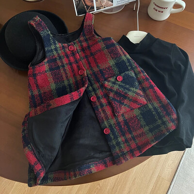 Vintage piros kockás karácsonyi parti lányok pántos ruha 2024 ősz új gyermek vastagított tweed ujjatlan zsebes ruhák