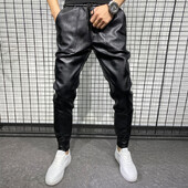 PU bőr motoros nadrág férfi kiváló minőségű téli koreai luxus ruházat nagy méretű szélálló alkalmi meleg férfi nadrág fekete