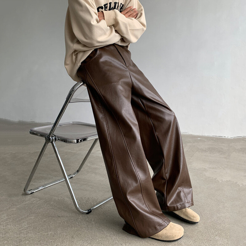 Ανδρικό παντελόνι IEFB American Style Casual Pu Leather μονόχρωμο ίσιο φαρδύ πόδι Νέο ανδρικό παντελόνι Streetwear Personalized 9C8060