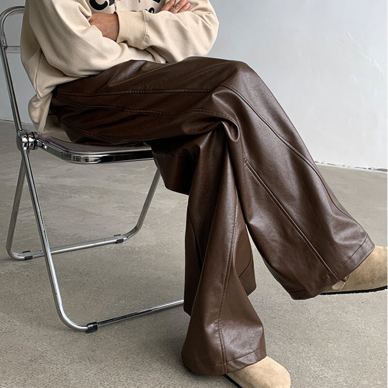 Ανδρικό παντελόνι IEFB American Style Casual Pu Leather μονόχρωμο ίσιο φαρδύ πόδι Νέο ανδρικό παντελόνι Streetwear Personalized 9C8060