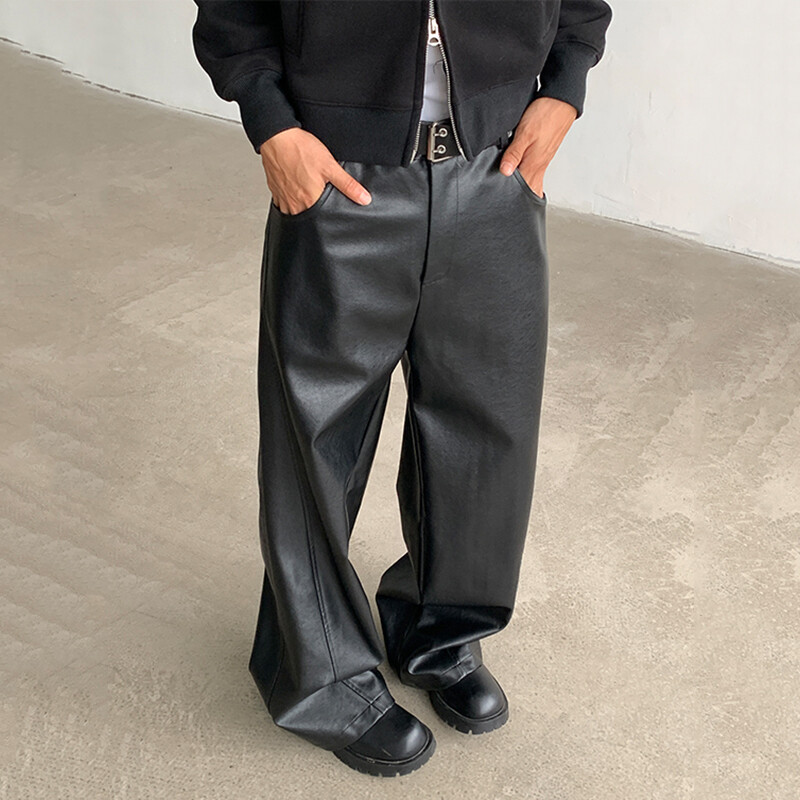 Ανδρικό παντελόνι IEFB American Style Casual Pu Leather μονόχρωμο ίσιο φαρδύ πόδι Νέο ανδρικό παντελόνι Streetwear Personalized 9C8060
