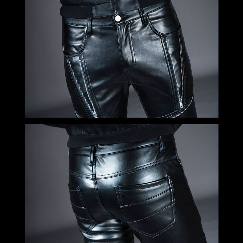Férfi bőrnadrágok Férfi divat Alkalmi nadrág Férfi Slim Fit PU bőr mozdony nadrágok Punk Rock színpadi bemutató ruházat