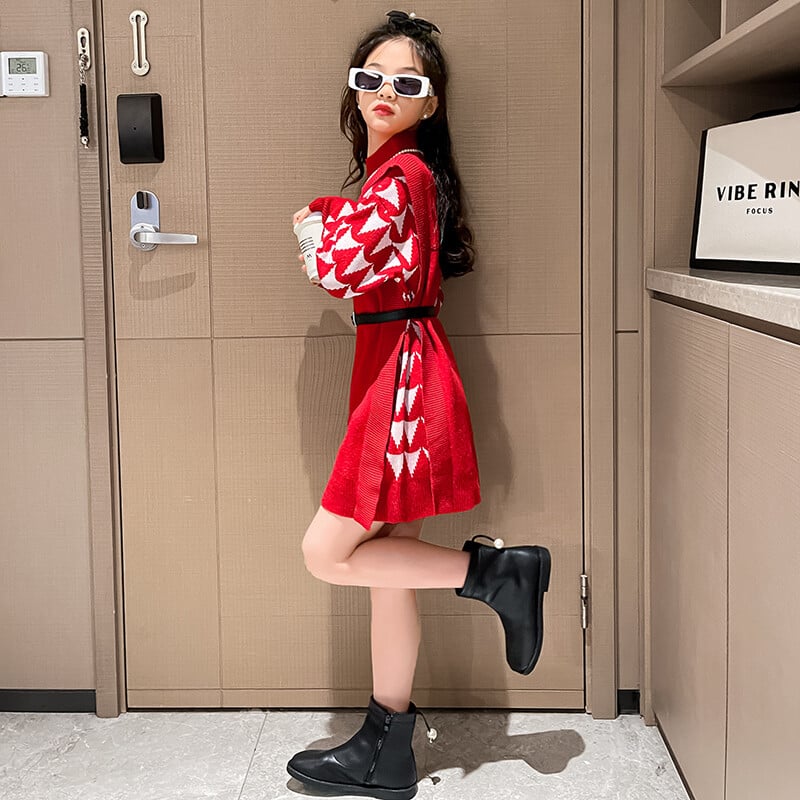 Gyerekpiros kötött pulóver ruha női lány gyerekeknek elegáns kötött ruha övvel tinédzsereknek 5 6 7 8 9 10 11 12 13 14 évesek