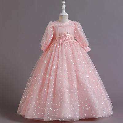 Flitter Virág Gyerek Esküvői Hosszú Ruha Elegáns Lány Baba Születésnapi Party Lakomány Csipke hímzéses Hosszú ujjú Ruha