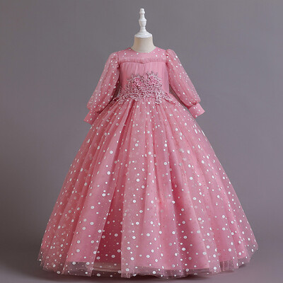 Flitter Virág Gyerek Esküvői Hosszú Ruha Elegáns Lány Baba Születésnapi Party Lakomány Csipke hímzéses Hosszú ujjú Ruha