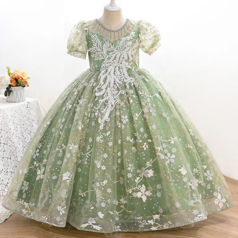 Divatos virágos lányruhák esküvőre Csipkehálós rövid ujjú gyerekruha Lányruha Nyári Lányruha 5-14 éves korig