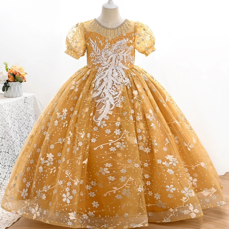 Divatos virágos lányruhák esküvőre Csipkehálós rövid ujjú gyerekruha Lányruha Nyári Lányruha 5-14 éves korig