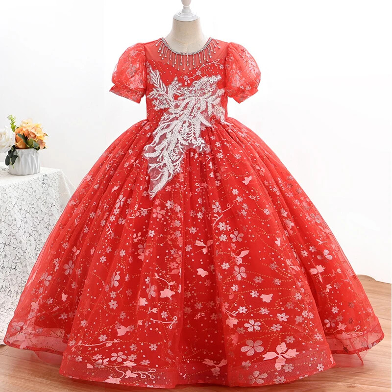 Divatos virágos lányruhák esküvőre Csipkehálós rövid ujjú gyerekruha Lányruha Nyári Lányruha 5-14 éves korig