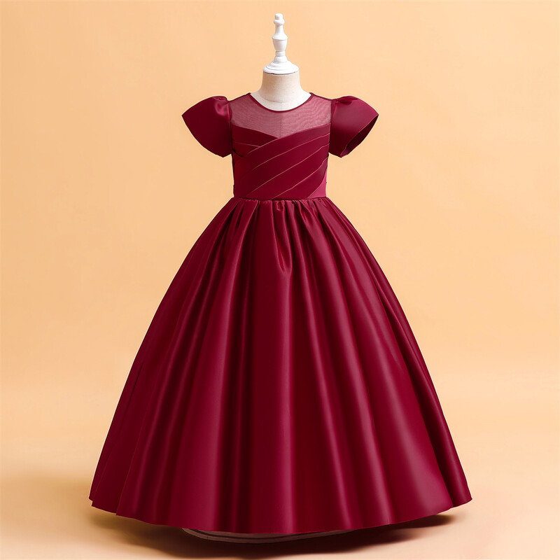 Paauglių satino baltumo pamergės suknelė trumpomis rankovėmis gimtadienio vakarėliui, vestuvių princesės vaikiška suknelė mergaitėms gimtadienio suknelei 10 14 m.