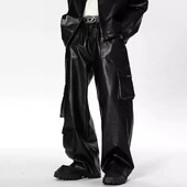 Férfi Pu bőr nadrágok Több zsebes Munkaruha stílus Pu széles szárú nadrág Utcai ruházat Amerikai sötét stílusú nadrág Férfi ruházat 2024