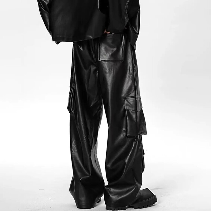 Férfi Pu bőr nadrágok Több zsebes Munkaruha stílus Pu széles szárú nadrág Utcai ruházat Amerikai sötét stílusú nadrág Férfi ruházat 2024