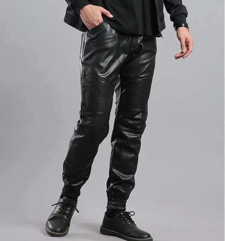 Ανδρικό δερμάτινο παντελόνι Thoshine Ανώτερης ποιότητας Ελαστική μέση Jogger Παντελόνι μοτοσυκλέτας Τσέπη από συνθετικό δέρμα Παντελόνι Harem