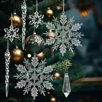 Clear Crystal Snowflake Icicle μενταγιόν Ακρυλικό γυαλιστερό DIY Χριστουγεννιάτικο Δέντρο Κρεμαστό στολίδι Navidad Πρωτοχρονιάτικο πάρτι διακόσμησης σπιτιού