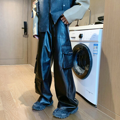 Bőr nadrág férfi cuero motociclista hombre Multi-Pockets PU Pants Férfi bőr motoros nadrág Elasztikus derék Szélálló lederhose