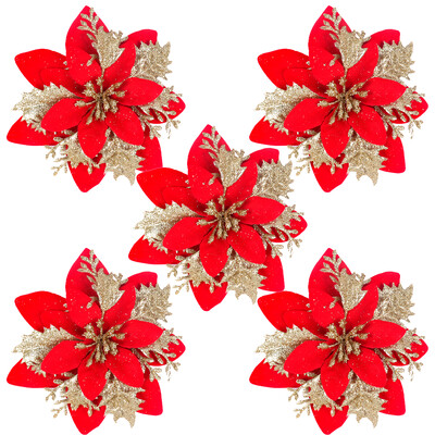 5/10 τμχ Χριστουγεννιάτικα λουλούδια Glitter κόκκινο χρυσό Poinsettia Flower Head Στολίδι Χριστουγεννιάτικου Δέντρου 2024 Χριστουγεννιάτικη διακόσμηση για το νέο έτος