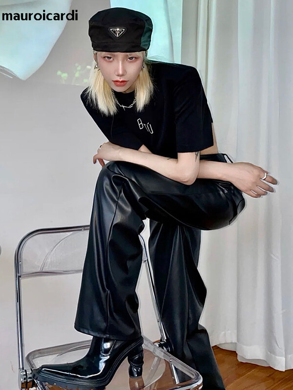 Mauroicardi tavaszi őszi hosszú fekete laza alkalmi puha műbőr egyenes nadrág férfi menő uniszex ruházat koreai divat 2022
