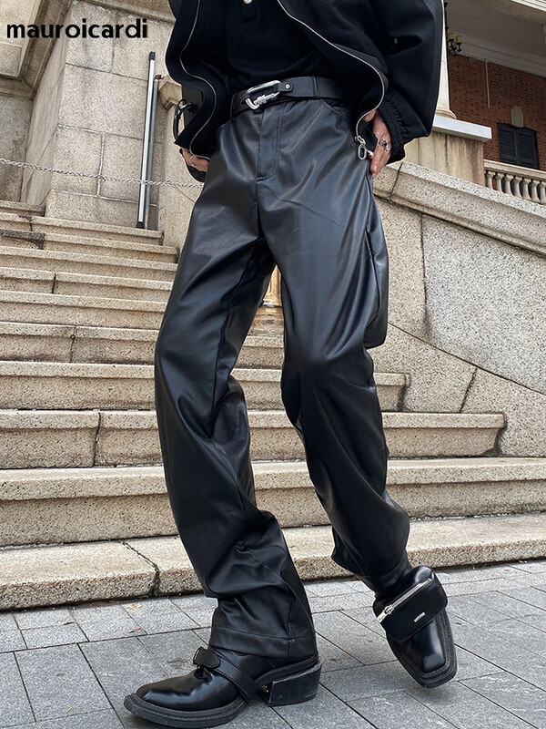 Mauroicardi tavaszi őszi hosszú fekete laza alkalmi puha műbőr egyenes nadrág férfi menő uniszex ruházat koreai divat 2022