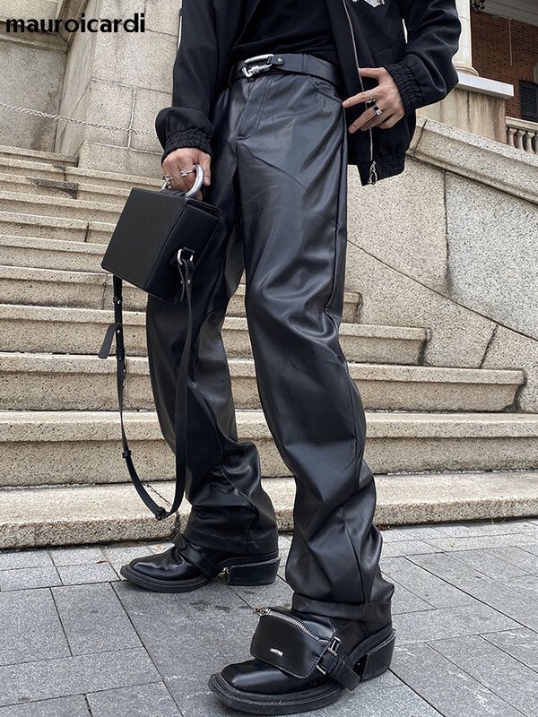 Mauroicardi tavaszi őszi hosszú fekete laza alkalmi puha műbőr egyenes nadrág férfi menő uniszex ruházat koreai divat 2022