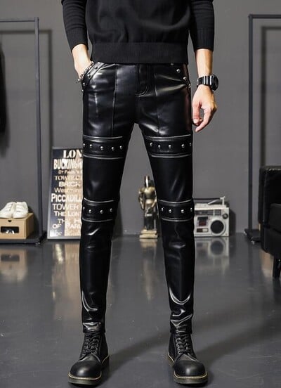 Εξατομικευμένο δερμάτινο παντελόνι Rivet Ανδρικό παντελόνι Slim Fleece Χοντρό Skinny Παντελόνι Ανδρικό Teenager Μαύρο παντελόνι από συνθετικό δέρμα