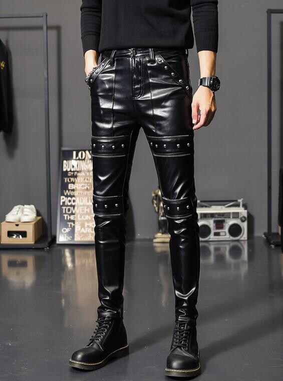 Εξατομικευμένο δερμάτινο παντελόνι Rivet Ανδρικό παντελόνι Slim Fleece Χοντρό Skinny Παντελόνι Ανδρικό Teenager Μαύρο παντελόνι από συνθετικό δέρμα